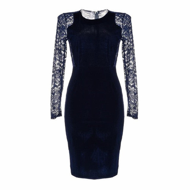 Elegant Women Lace Dress Backless Long Sleeve Pencil Dresses Autumn Plus Size Sexy Slim Bodycon Formal Velvet Dress Vestidos
