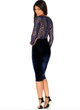Elegant Women Lace Dress Backless Long Sleeve Pencil Dresses Autumn Plus Size Sexy Slim Bodycon Formal Velvet Dress Vestidos