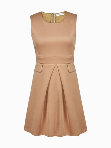 Fake Pockets Pleated Skater Nude Dress Women Elegant Sleeveless Fashion Office Short Dress Wear To Work Business Casual Dress