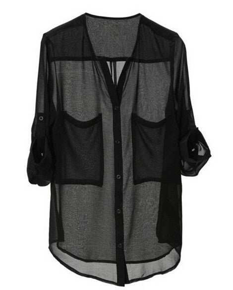 Fashion Casual Chiffon Blouse Black White Women Blouse Ladies Tops Blusas Femininas 2014 Camisas Femininas