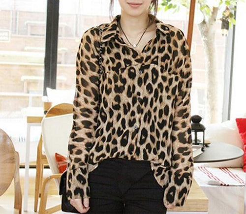 Fashion Casual Leopard Print Women Chiffon Blouse Loose Long Sleeve Blusa Blusas Femininas 2014 Camisas Femininas Women Tops