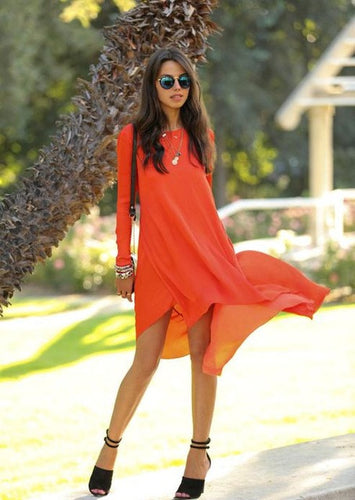 Fashion Sexy Asymmetrical Summer Dress Long Sleeve Orange Beach Women Dress 2015 Vestido De Festa Vestidos Maxi Chiffon Dresses
