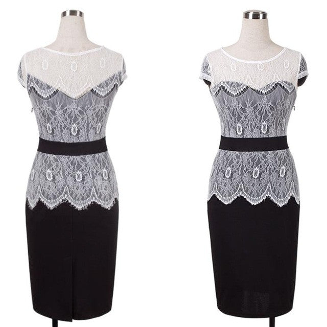 Fashion Summer Elegant Women Dresses Club Women Bodycon Pencil Dress Patchwork Flower Crochet Lace Black Dress 2014