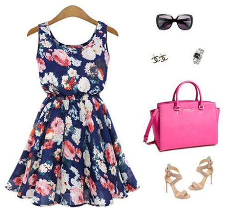 Fashion Summer Prited Tunic Lace Chiffon Dress Casual Women Dress Sleeveless Vestido Roupas Femininas
