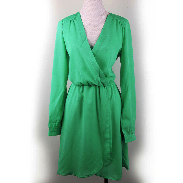 Fashion Surplice Elastic Waist Casual Women Dress Black Green Office Dress Work Wear Plus Size Women Clothing Summer Dress 2015