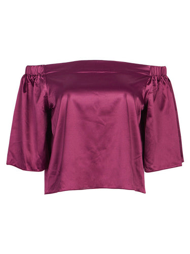 Faux Silk Blouse Off Shoulder Flare Sleeve Loose Top Women Solid Violet Women Crop Top Cropped Fall 2017 Womans Clothes Fashion