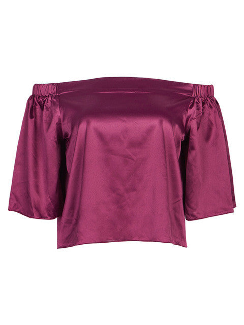 Faux Silk Blouse Off Shoulder Flare Sleeve Loose Top Women Solid Violet Women Crop Top Cropped Fall 2017 Womans Clothes Fashion