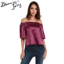 Faux Silk Blouse Off Shoulder Flare Sleeve Loose Top Women Solid Violet Women Crop Top Cropped Fall 2017 Women