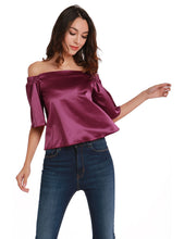 Faux Silk Blouse Off Shoulder Flare Sleeve Loose Top Women Solid Violet Women Crop Top Cropped Fall 2017 Women