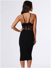 Floral Hollow Out Lace Dress Halter Spaghetti Strap Black Solid Dress Knee Length Fashion Sexy Dresses Midi Summer Casual Dress
