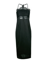 Floral Hollow Out Lace Dress Halter Spaghetti Strap Black Solid Dress Knee Length Fashion Sexy Dresses Midi Summer Casual Dress