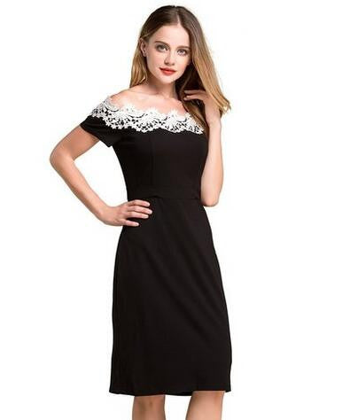 Floral Hollow Out Lace Off Shoulder Black Elegant Noble Summer Knee Length High Waist Women Dresses Lady Dresses