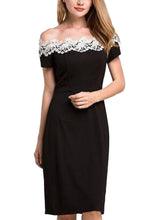 Floral Hollow Out Lace Off Shoulder Black Elegant Noble Summer Knee Length High Waist Women Dresses Lady Dresses
