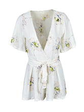 Floral Plunge Deep V Neck Pleated Front Bowknot Sexy Girl Short Romper Flare Sleeve Bodysuit Beach Chiffon Jumpsuit Overall