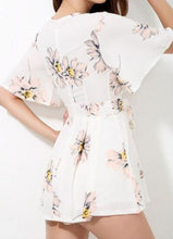 Floral Plunge Deep V Neck Pleated Front Bowknot Sexy Girl Short Romper Flare Sleeve Bodysuit Beach Chiffon Jumpsuit Overall