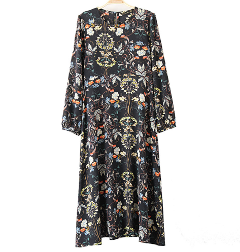 Floral Print Chiffon Hollow Ou tLong Sleeve Midi Loose Black Dress Vintage Robe Casual Black Street Wear Summer Casual Print New