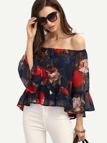 Floral Print Off Shoulder Bell Flare Sleeve Blouse Three Quarter Sleeve Loose Casual Women Blouse 2016 Autumn Fashion Blouses