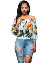 Floral Print Off Shoulder Bell Flare Sleeve Blouse Three Quarter Sleeve Loose Casual Women Blouse 2016 Autumn Fashion Blouses