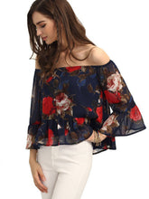 Floral Print Off Shoulder Bell Flare Sleeve Blouse Three Quarter Sleeve Loose Casual Women Blouse 2016 Autumn Fashion Blouses