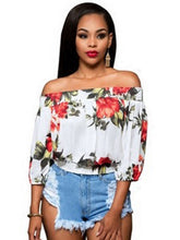 Floral Print Off Shoulder Bell Flare Sleeve Blouse Three Quarter Sleeve Loose Casual Women Blouse 2016 Autumn Fashion Blouses