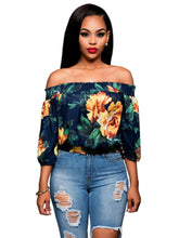 Floral Print Off Shoulder Bell Flare Sleeve Blouse Three Quarter Sleeve Loose Casual Women Blouse 2016 Autumn Fashion Blouses