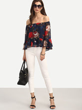 Floral Print Off Shoulder Bell Flare Sleeve Blouse Three Quarter Sleeve Loose Casual Women Blouse 2016 Autumn Fashion Blouses