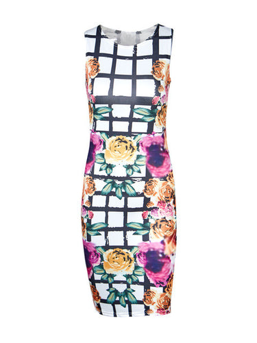 Floral Print Plaid Pattern White Dress Tank Bodycon Club Party Dress Mini Short Dress New Woman Dresses 2016 Summer New Arrival