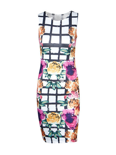Floral Print Plaid Pattern White Dress Tank Bodycon Club Party Dress Mini Short Dress New Woman Dresses 2016 Summer New Arrival
