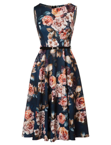 Floral Print Swing Dress O-Neck Sleeveless Dress Elegant Aurdey Vintage Cocktail Party Dresses 2017 Feminino Vestidos