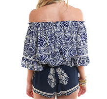 Floral Print Women Blouse Crop Tops Slash Neck Blue Tops Ropa Mujer Blusa Feminina Blouse Camisa Feminina Blouses