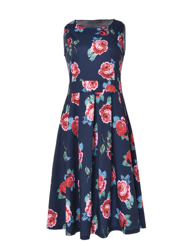 Floral Print Women Summer Dress Vintage O-neck Sleeveless Dress Party Feminino Vestidos 2017