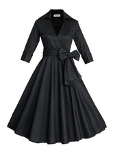 Front Big Bow Bowknot V Neck Women Noble Dress Summer Elegant Pleated Black Dress With Belt Swing Rockabilly Half Sleeve