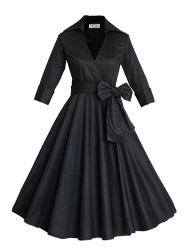 Front Big Bow Bowknot V Neck Women Noble Dress Summer Elegant Pleated Black Dress With Belt Swing Rockabilly Half Sleeve