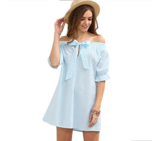 Front Bowknot Off Shoulder Loose Short Mini Vertical Striped Dress Summer Girl 2016 Casual Sun Dress Pink