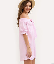 Front Bowknot Off Shoulder Loose Short Mini Vertical Striped Dress Summer Girl 2016 Casual Sun Dress Pink