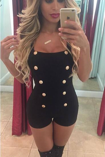 Front Button Jumpsuit Sleeveless Black Tank Short Playsuits Low Cut Sexy Club Bodycon Romper Black Bodysuit Sexy Club Shorts New