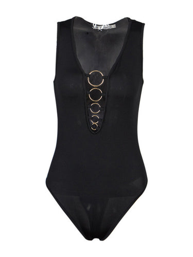 Front Gold Metal Deep Plunge Circle V Neck Sleeveless Club Bodysuit Women Bodycon Black Sexy Club Jumpsuits bodysuit one-piece