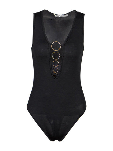 Front Gold Metal Deep Plunge Circle V Neck Sleeveless Club Bodysuit Women Bodycon Black Sexy Club Jumpsuits bodysuit one-piece