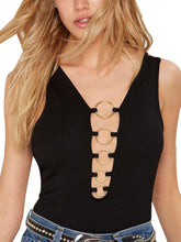 Front Gold Metal Deep Plunge Circle V Neck Sleeveless Club Bodysuit Women Bodycon Black Sexy Club Jumpsuits bodysuit one-piece