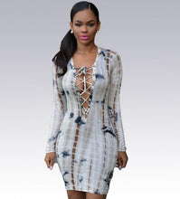Front Lace Up Deep V Neck Tie Dye Bodycon Long Sleeve Sexy Short Mini Dresses Print Fashion Women Summer Dress 2016 Lady