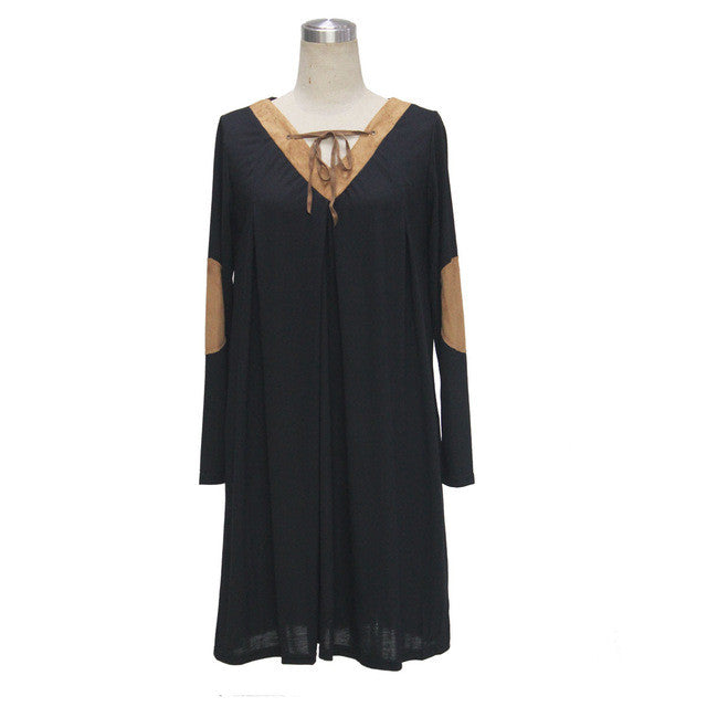 Front Tie Up Ankle Patch Shift Dress Loose Boho Women Black Dress Bohemian Style Girl Autumn Casual Dress 2016 High Quality