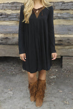 Front Tie Up Ankle Patch Shift Dress Loose Boho Women Black Dress Bohemian Style Girl Autumn Casual Dress 2016 High Quality