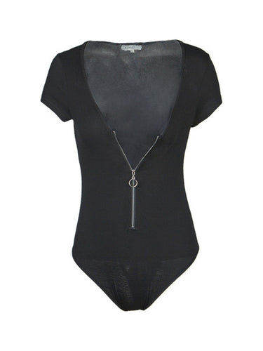 Front Zipper Deep V Neck Sexy Plunge Women Short Sleeve Bodysuit Summer Casual Black Party 2016 One Piece Jumpsuit Romper