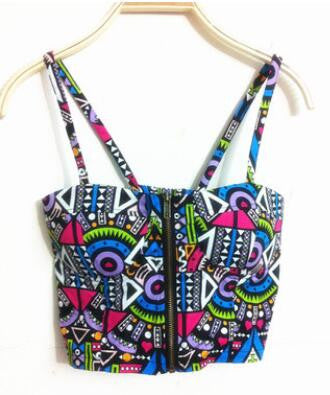 Front Zipper Floral Printed Polka Dot Rose Pattern Tribal Print Strappy Bra Sexy Bralet Bralette Crop Top Camis Sexy Casual