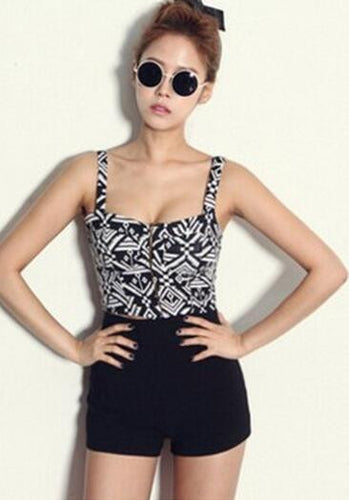 Front Zipper Geometric Printed Strappy Bra Sexy Bralet Bralette Crop Top Camis Sexy Casual Short Korean Fashion Clothing 2016