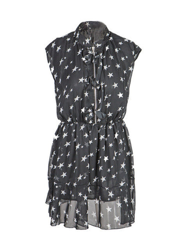 Front Zipper Star Print V Neck See Through Chiffonmini Casual Dress Peplum Sheer Sleeveless Summer Dresses Casual Womens Summer