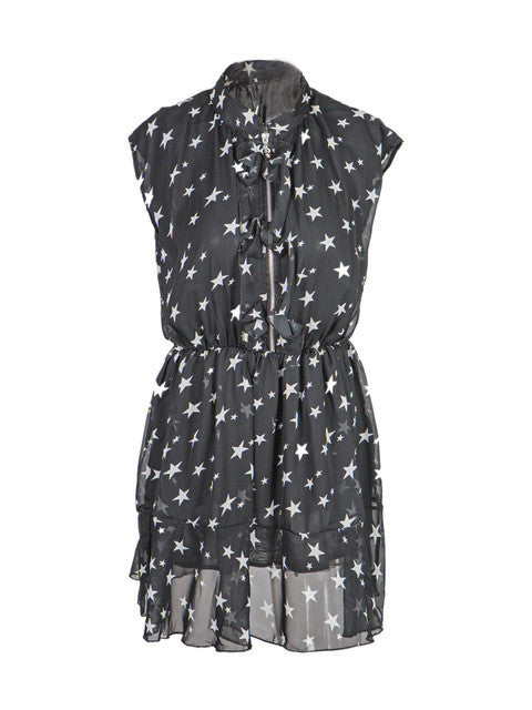 Front Zipper Star Print V Neck See Through Chiffonmini Casual Dress Peplum Sheer Sleeveless Summer Dresses Casual Womens Summer