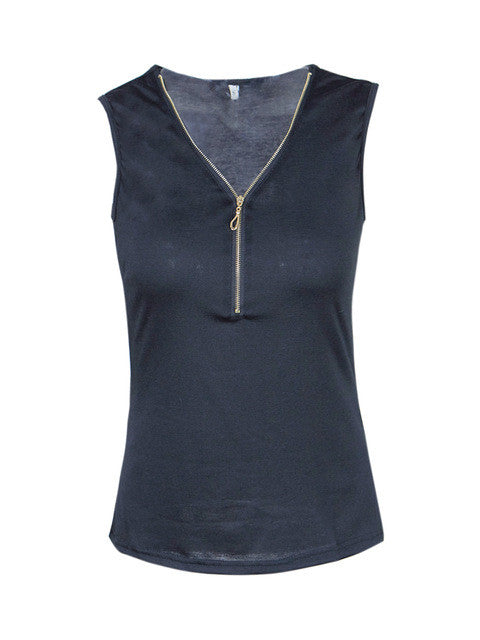 Front Zipper V Neck Sleeveless Women Tank Top Summer Bustier Fashion Vest Sleeveless Casual Tank Summer Womens Tank Tops 2016