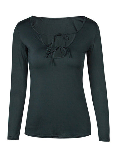 Full Sleeve Black Patchwork Lace Up Bow Solid V-Neck Blouse Women Casual Fall 2016 New Autumn Tops Women Casual Blouse