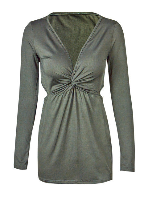 Full Sleeve Dress Mini Hollow Out Deep V-neck Solid Ruched Slim Dresses Women 2016 Summer Fall New Sexy Club Fashion Dress